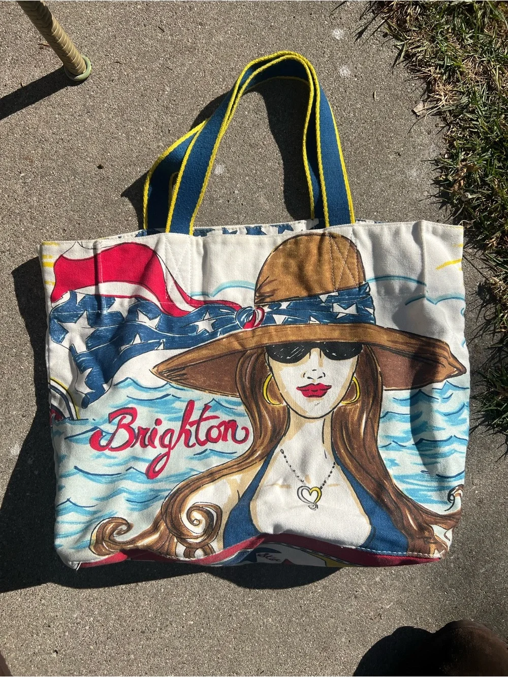 Brighton Canvas Tote with Patriotic Blue, Red & Brown Artwork